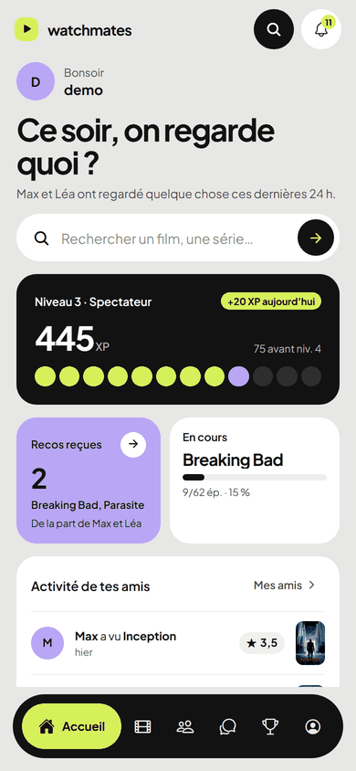 Accueil de WatchMates sur téléphone : niveau et XP, recommandations reçues, série en cours