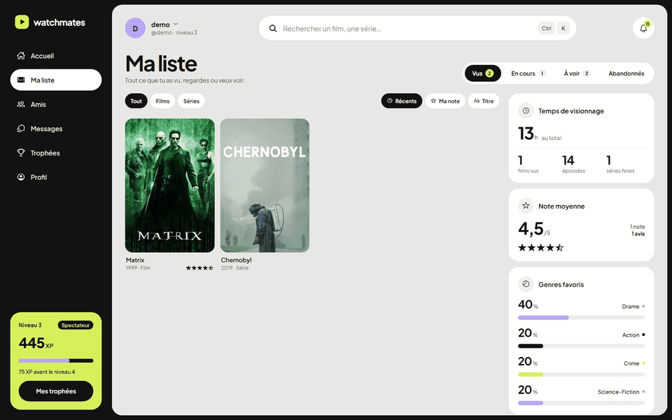 Écran « Ma liste » : affiches des titres vus, filtres films et séries, temps de visionnage, note moyenne et genres favoris